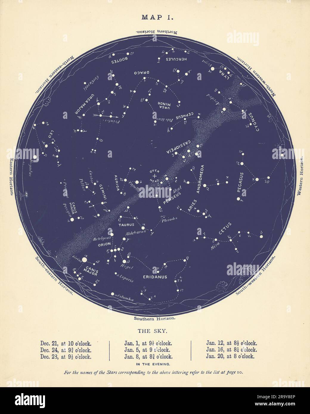 MAPPA STELLARE I.. Il cielo notturno. Dicembre-gennaio. Astronomia. PROCTOR 1896 vecchio Foto Stock