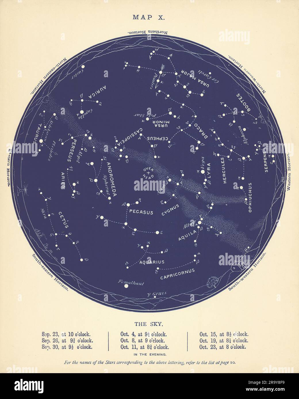 STAR MAP X. il cielo notturno. Settembre-ottobre. Astronomia. PROCTOR 1896 vecchio Foto Stock