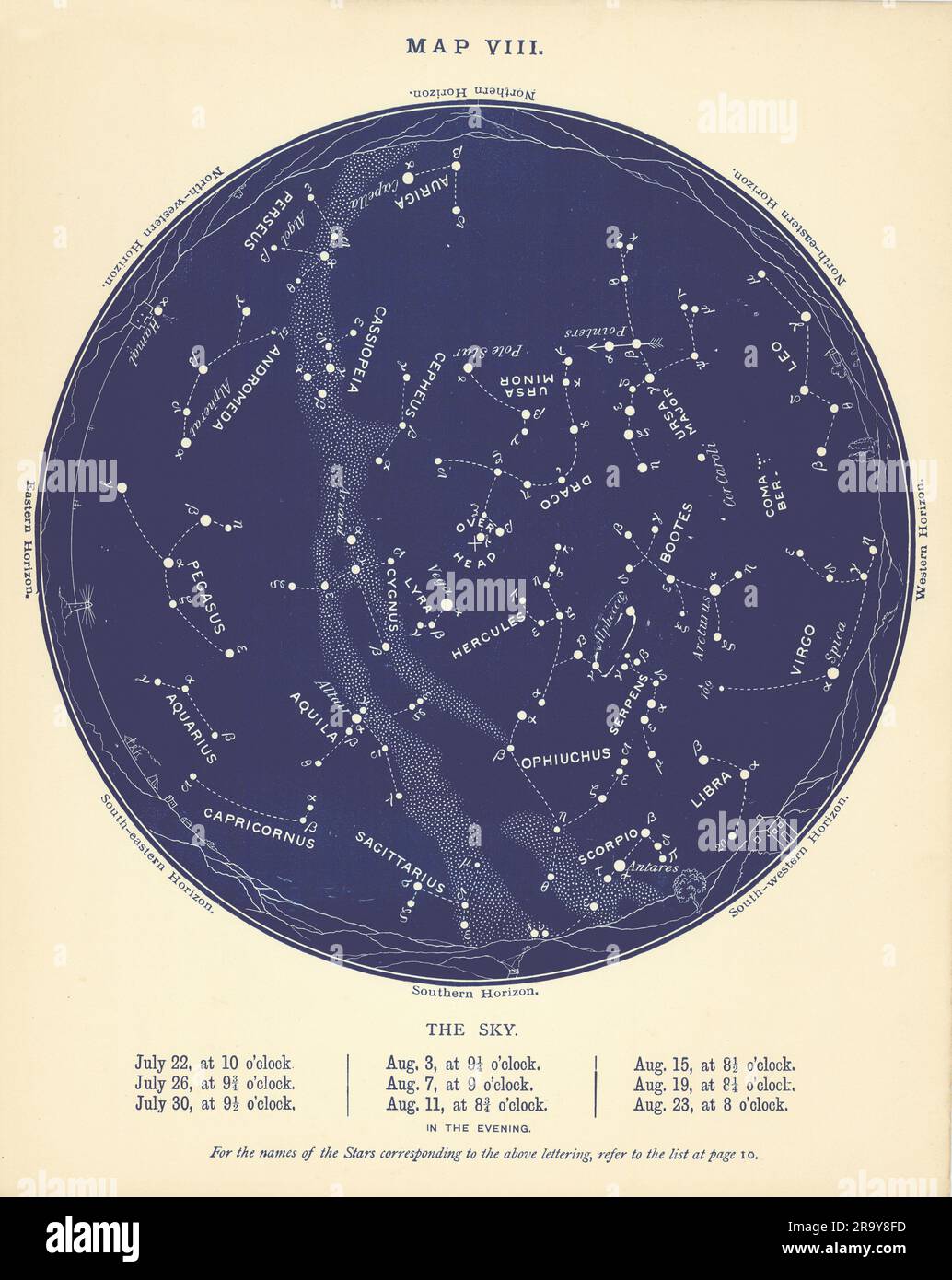STAR MAP VIII Il cielo notturno. Luglio-agosto. Astronomia. PROCTOR 1896 vecchio Foto Stock