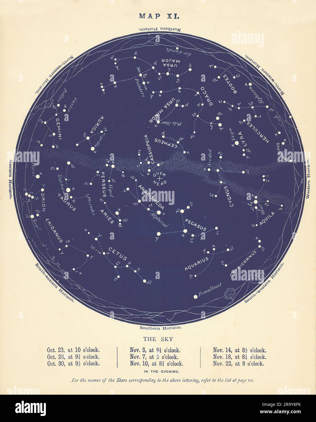 MAPPA STELLA XI Il cielo notturno. Ottobre-novembre. Astronomia. PROCTOR 1896 vecchio Foto Stock