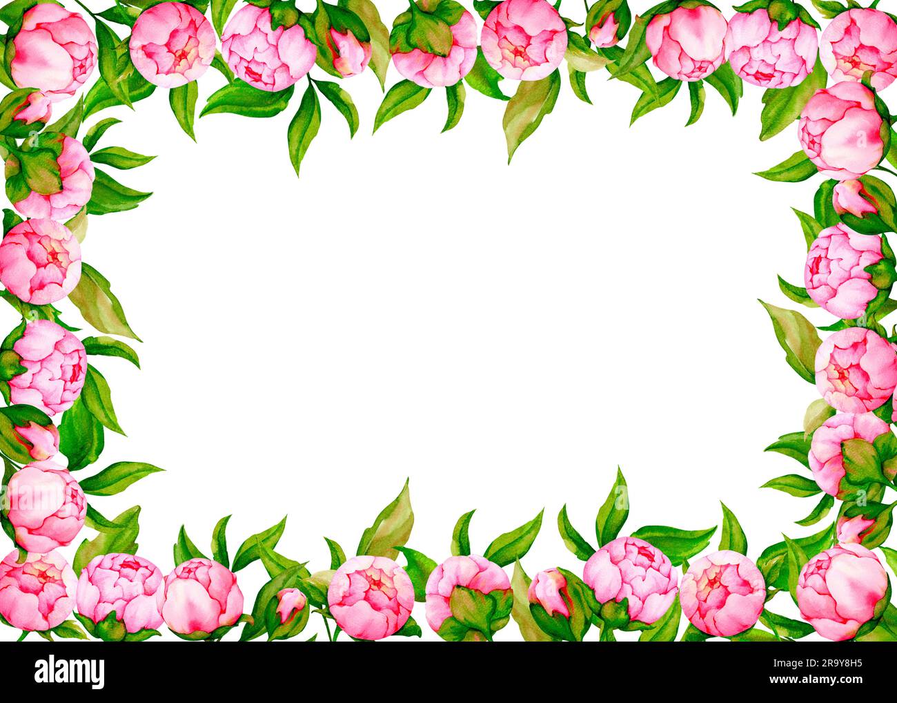 Cornice rettangolare di peonie rosa. Banner ad acquerello per la progettazione di biglietti di auguri, inviti, congratulazioni, poster, annunci. Matrimonio, Foto Stock