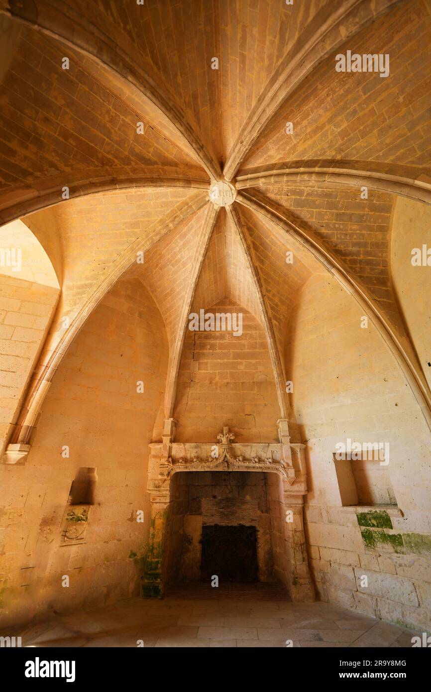Volta di costole nel Dungeon of Septmonts ad Aisne, Picardie, Francia - costruita nel XIV secolo, questa torre medievale fu utilizzata sia per militari che per il resid Foto Stock