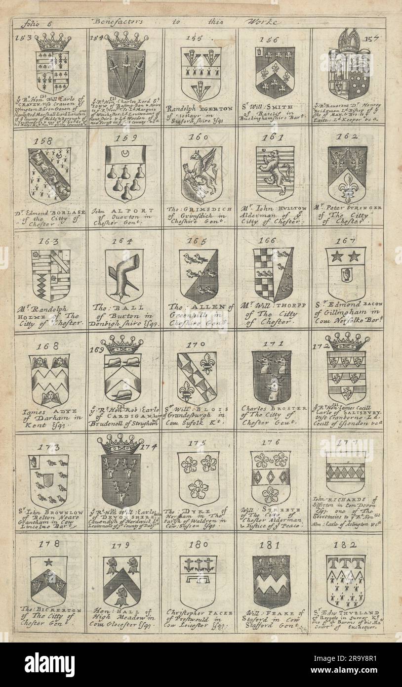 Stemmi di famiglia di benefattori alla Britannia di Blome. Folio 6 n. 153-182 1673 Foto Stock