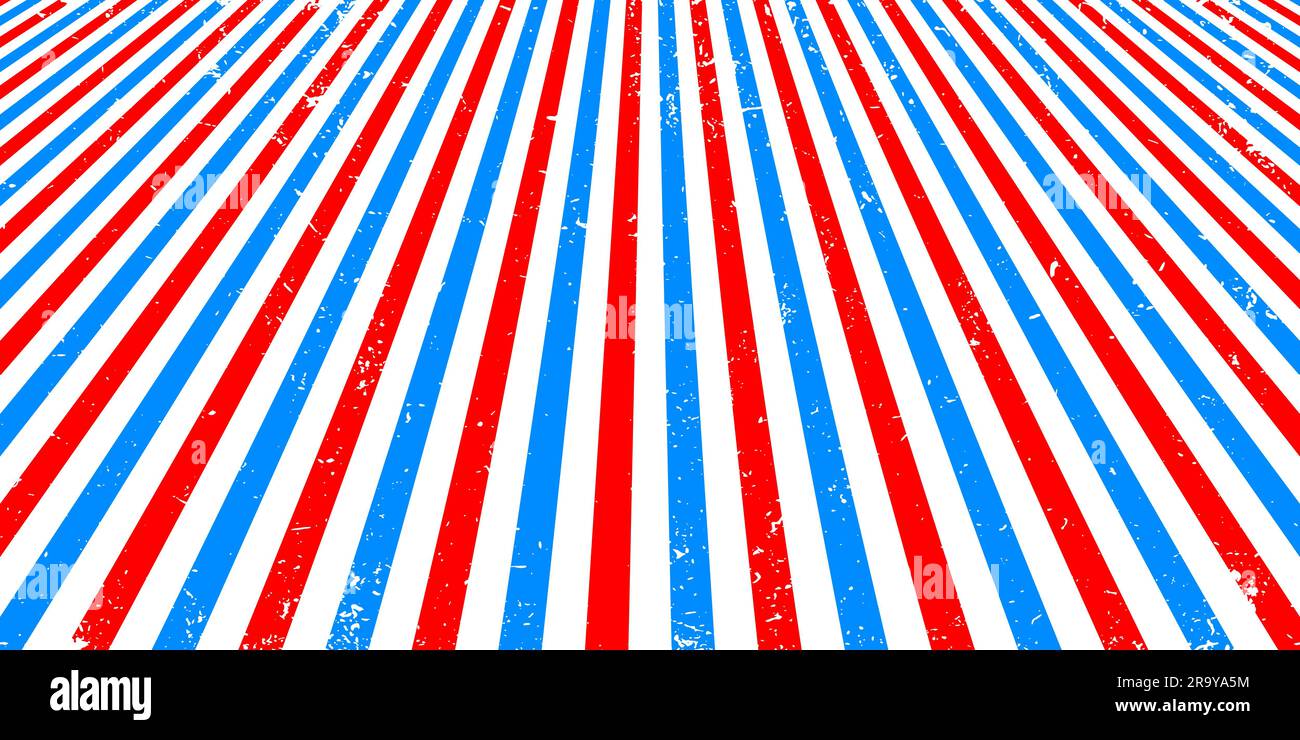 Luminoso sfondo prospettico a un punto del barbiere con strisce blu e rosse su bianco. Sfondo vettoriale a righe. Barbiere sullo sfondo per un taglio di capelli da uomo Illustrazione Vettoriale