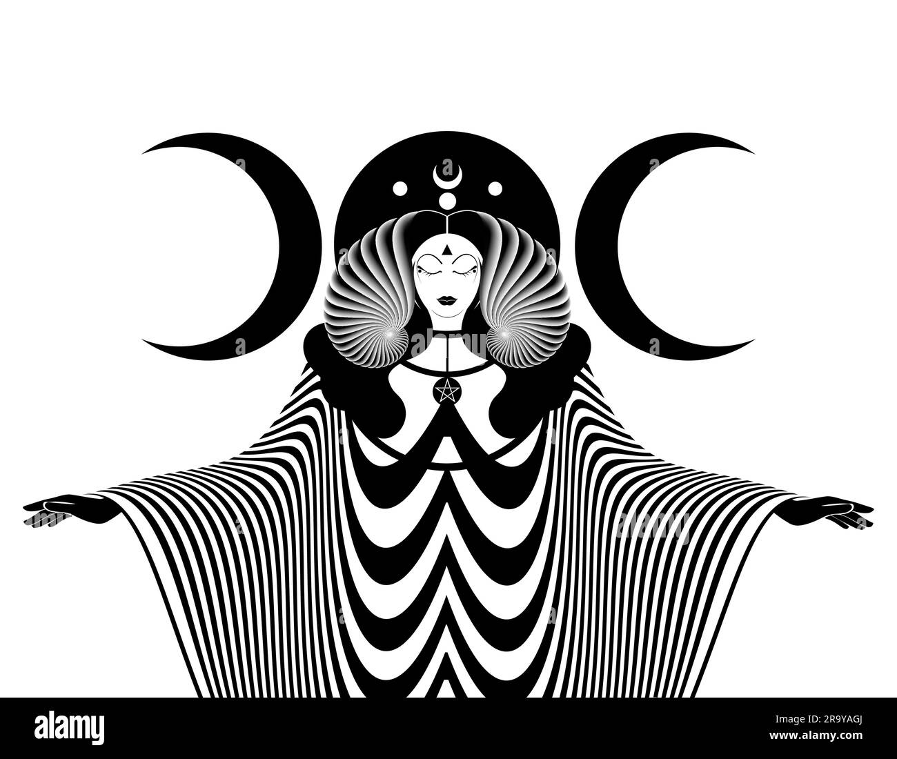 Triplice dea magica, sacerdotessa. Bella fata con corna e abito lungo. Gotico wiccan witch design sacro femminile, magica luna nera. Vettore Illustrazione Vettoriale