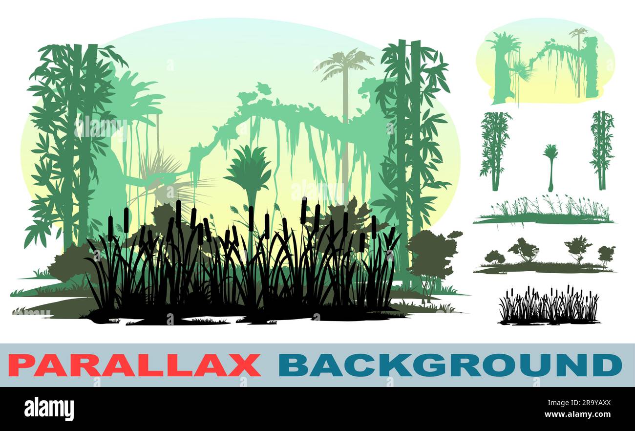 Paesaggio della giungla. Fitti boschetti di alberi e arbusti. Le liana sono impiccate. Effetto parallasse livelli immagine. Bella silhouette. Immagine vettoriale isolata Illustrazione Vettoriale