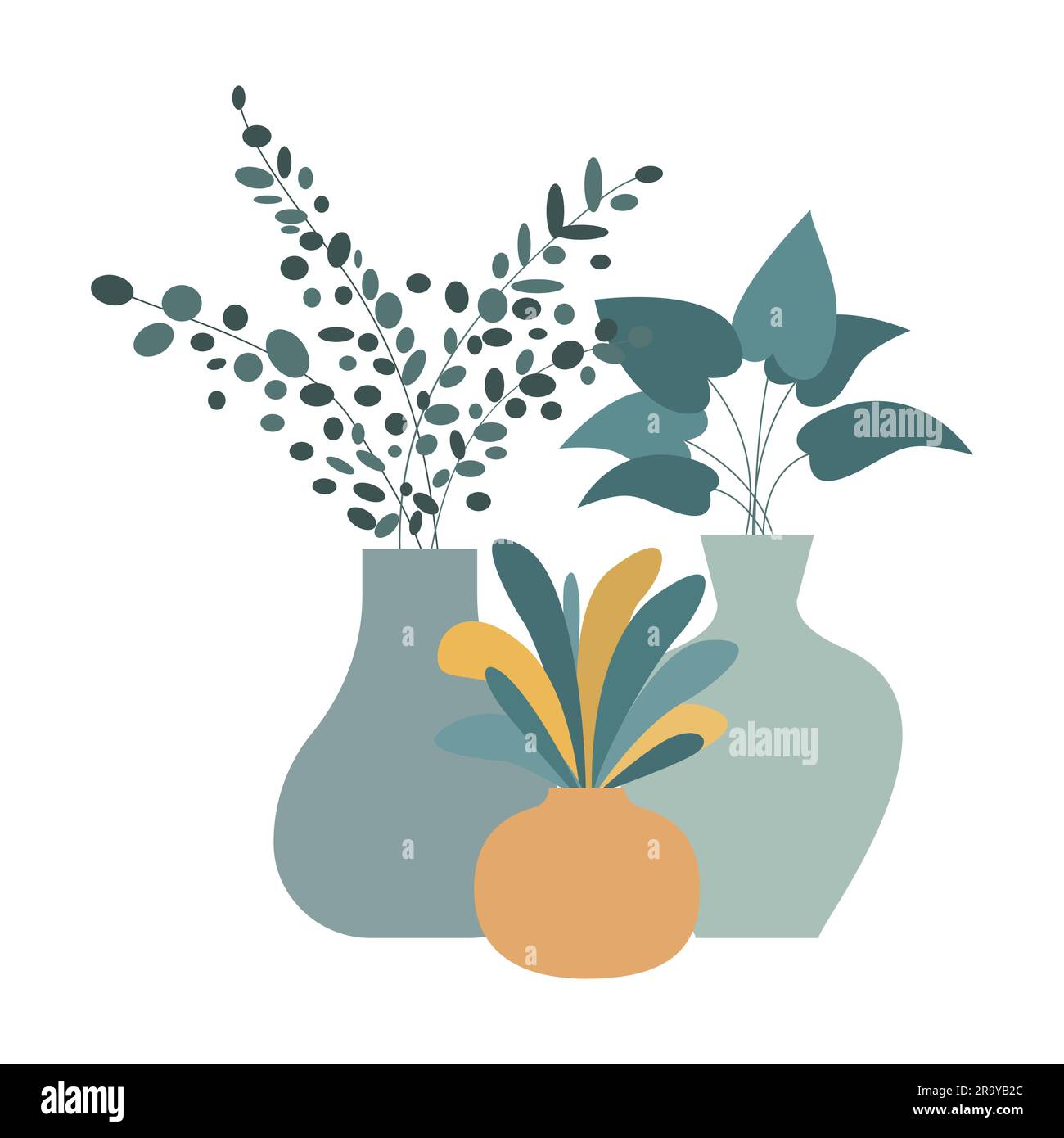 Vasi di ceramica con piante della casa. Piante della casa in pentole. Illustrazione vettoriale disegnata a mano. Piante di casa alla moda in stile piatto. Sfondo bianco. Illustrazione Vettoriale
