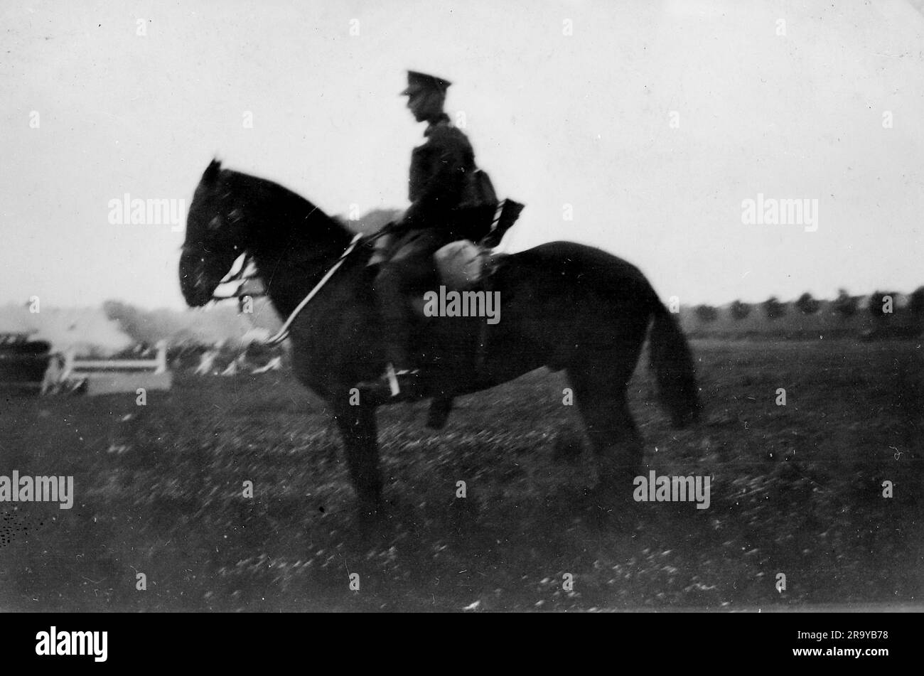 Un cavaliere a cavallo, il cavallo in piedi. Si tratta di una fotografia tratta da un album di scatti principalmente istantanee, c1929, durante l'occupazione della Palestina da parte dell'esercito britannico, con foto dalla Palestina e dal Regno Unito tra cui devil's Jump vicino a Churt nel Surrey e devil's Punch Bowl. L'addestramento sembra essere a Hursley Camp, vicino a Winchester. La Gran Bretagna amministrò la Palestina per conto della società delle Nazioni tra il 1920 e il 1948, un periodo denominato "mandato britannico”. Foto Stock