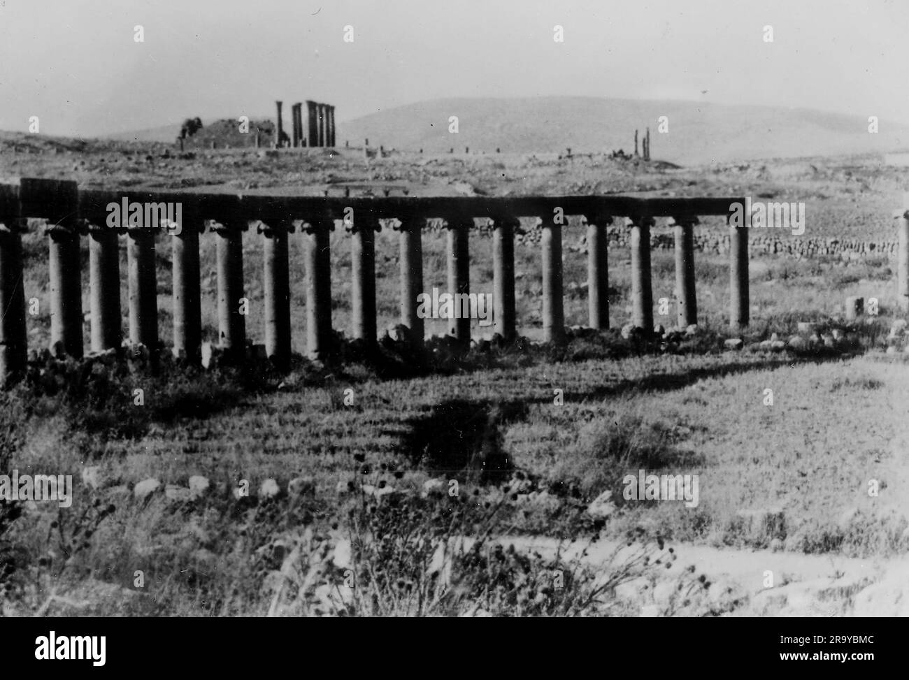 Una struttura fatta di pilastri nel deserto in Palestina. Questa fotografia è tratta da un album fotografico di fotografie, c1937, durante l'occupazione della Palestina da parte dell'esercito britannico. La Gran Bretagna amministrò la Palestina per conto della società delle Nazioni tra il 1920 e il 1948, un periodo denominato "mandato britannico”. Foto Stock