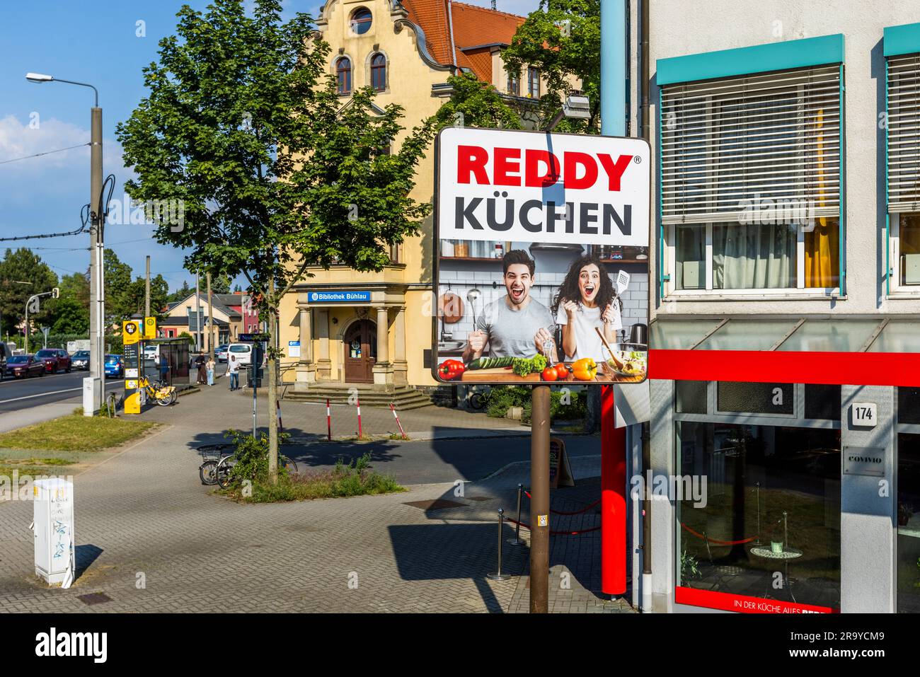 Pubblicità per un negozio di cucina a Dresda, Germania Foto Stock
