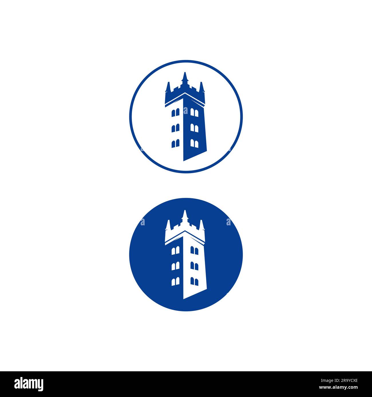 Semplice logo vettoriale della torre medievale del castello in una cornice rotonda.EPS 10 Illustrazione Vettoriale