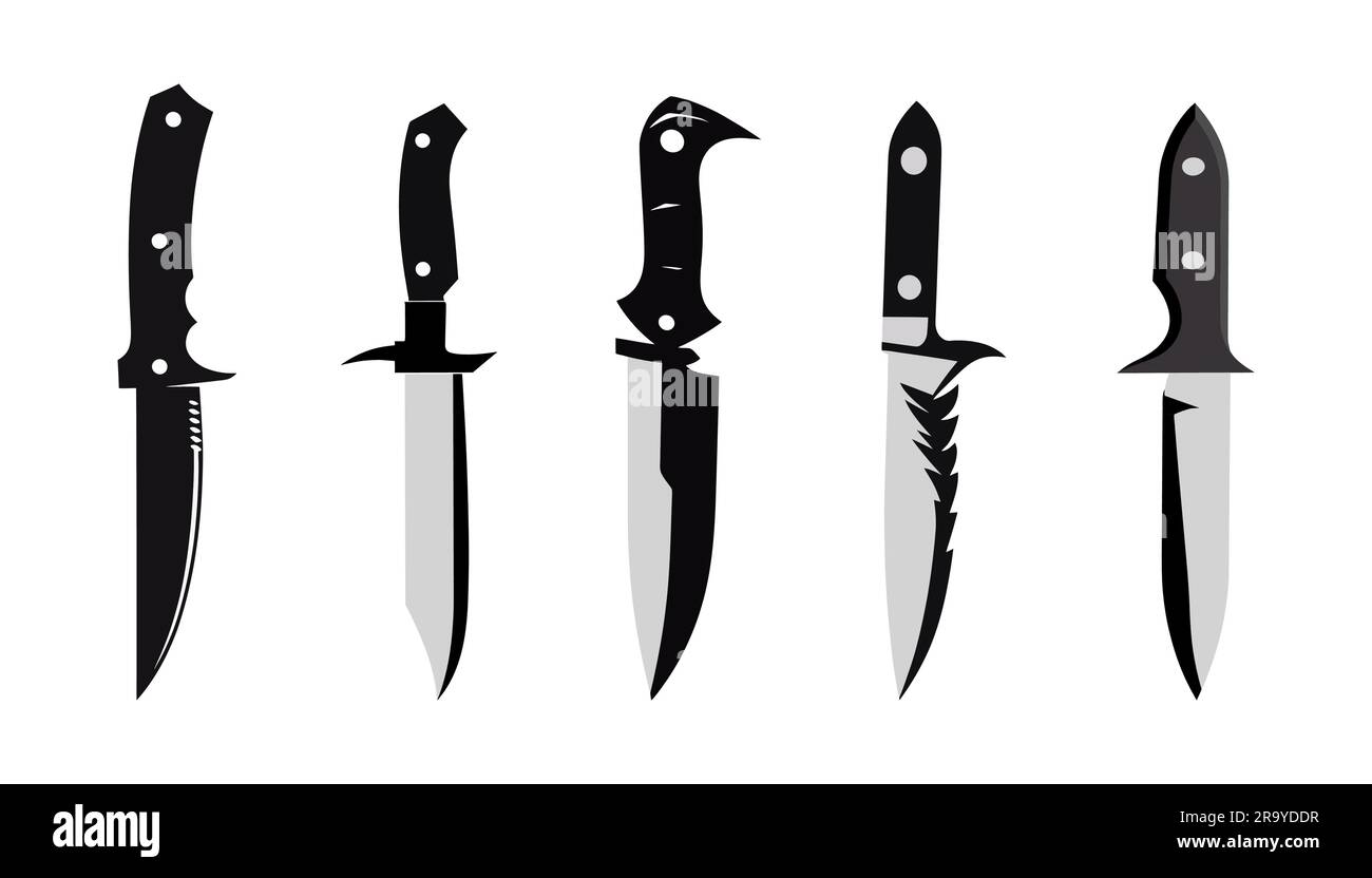 Impostare l'icona del coltello nero in stile piatto isolata su sfondo bianco. Icona coltello da caccia. Illustrazione vettoriale Illustrazione Vettoriale