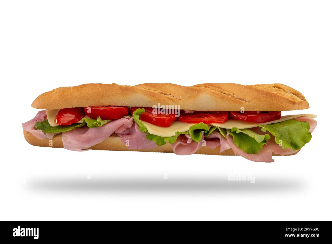Mini baguette con pomodoro, insalata, formaggio e prosciutto, panino club isolato su bianco, percorso di taglio Foto Stock