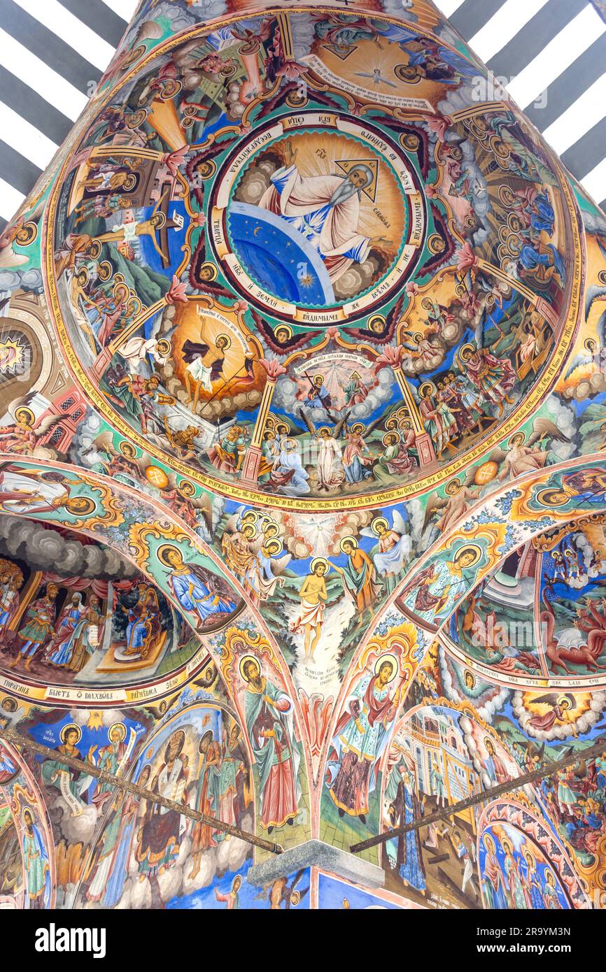 Affreschi del corridoio esterno, Monastero di Rila (Sveti Ivan Rilski), Parco naturale del Monastero di Rila, Repubblica di Bulgaria Foto Stock