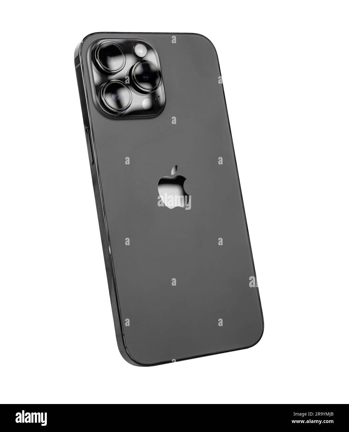 Lodz, Polonia 19 giugno 2023 iPhone 14 pro max retro, vista posteriore con blocco fotocamera e logotipo Apple isolato su bianco. Foto Stock