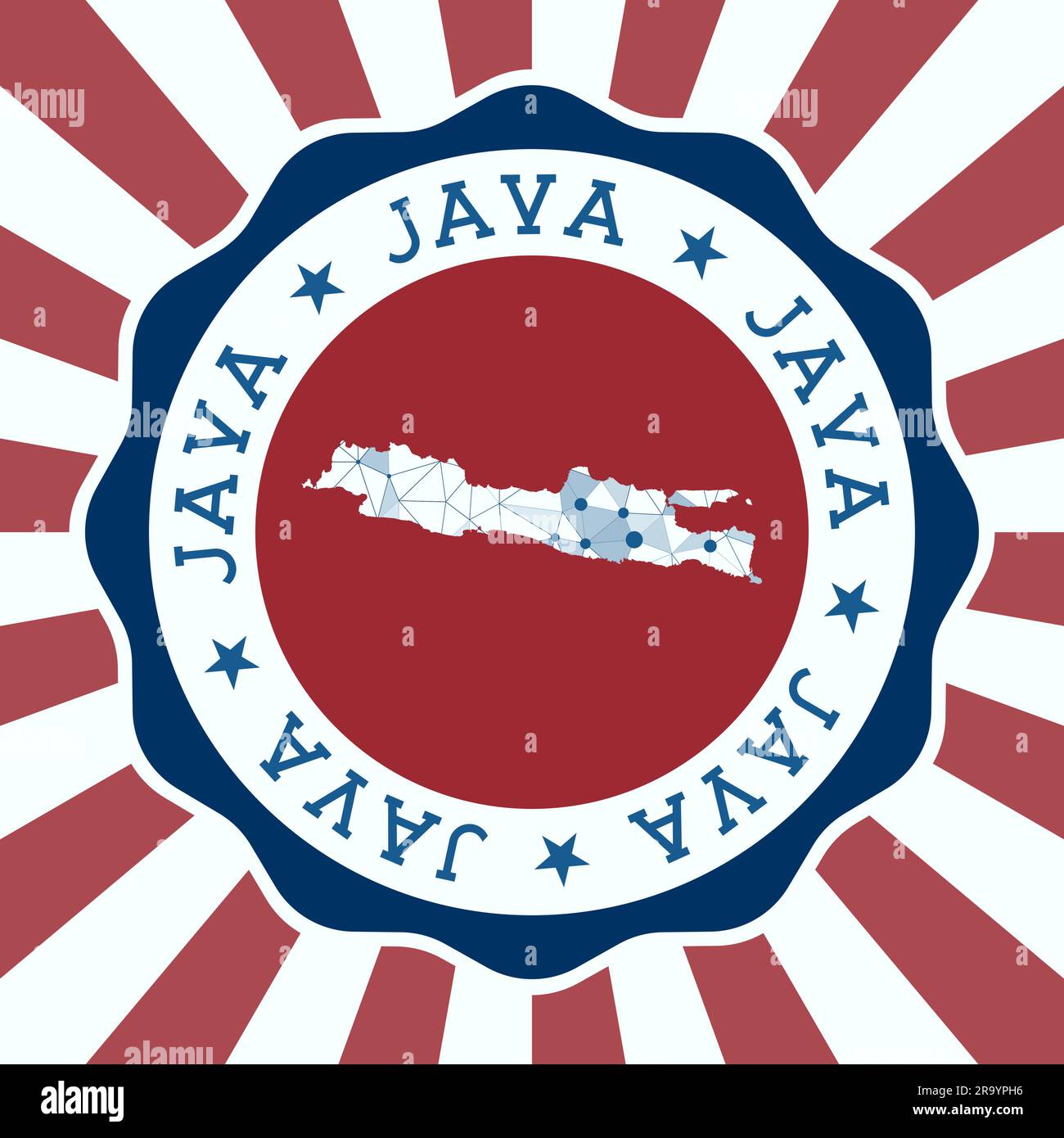 Badge Java. Logo rotondo dell'isola con mappa triangolare e raggi radiali. Vettore EPS10. Illustrazione Vettoriale