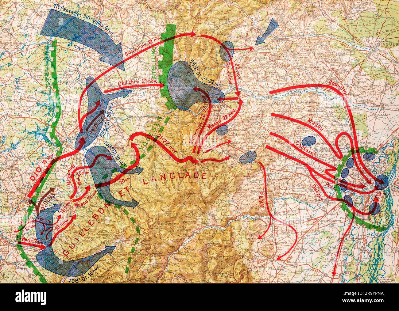 Illustrazione della mappa del libro della seconda guerra mondiale francese stampata nel 1946 che mostra i movimenti dell'esercito alleato e dell'asse sul territorio francese nel 1944. Foto Stock
