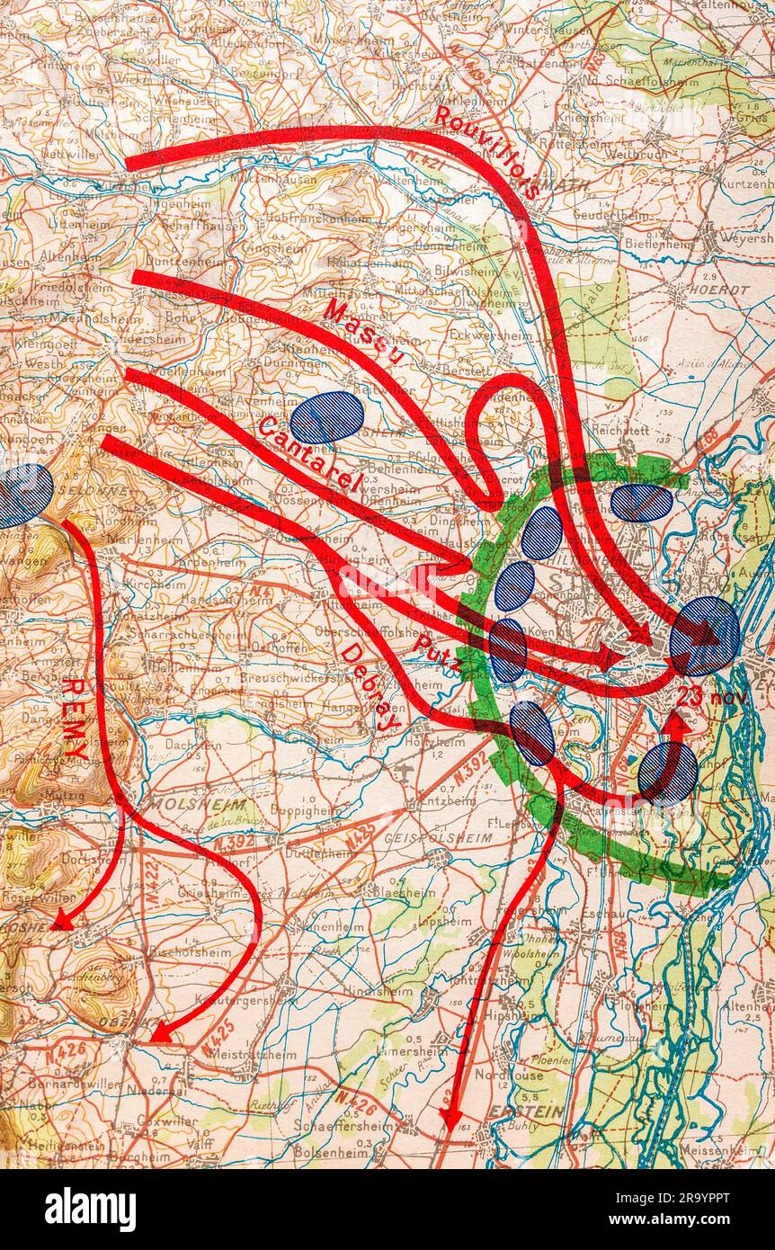 Illustrazione della mappa del libro della seconda guerra mondiale francese stampata nel 1946 che mostra i movimenti dell'esercito alleato e dell'asse sul territorio francese nel 1944. Foto Stock