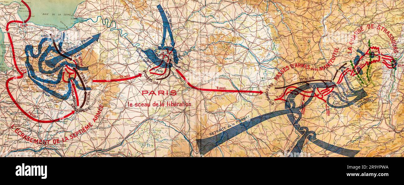 Illustrazione della mappa del libro della seconda guerra mondiale francese stampata nel 1946 che mostra i movimenti dell'esercito alleato e dell'asse sul territorio francese nel 1944. Foto Stock
