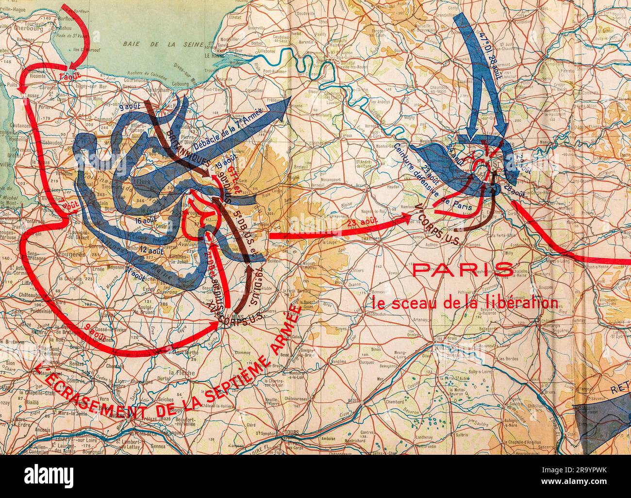 Illustrazione della mappa del libro della seconda guerra mondiale francese stampata nel 1946 che mostra i movimenti dell'esercito alleato e dell'asse sul territorio francese nel 1944. Foto Stock