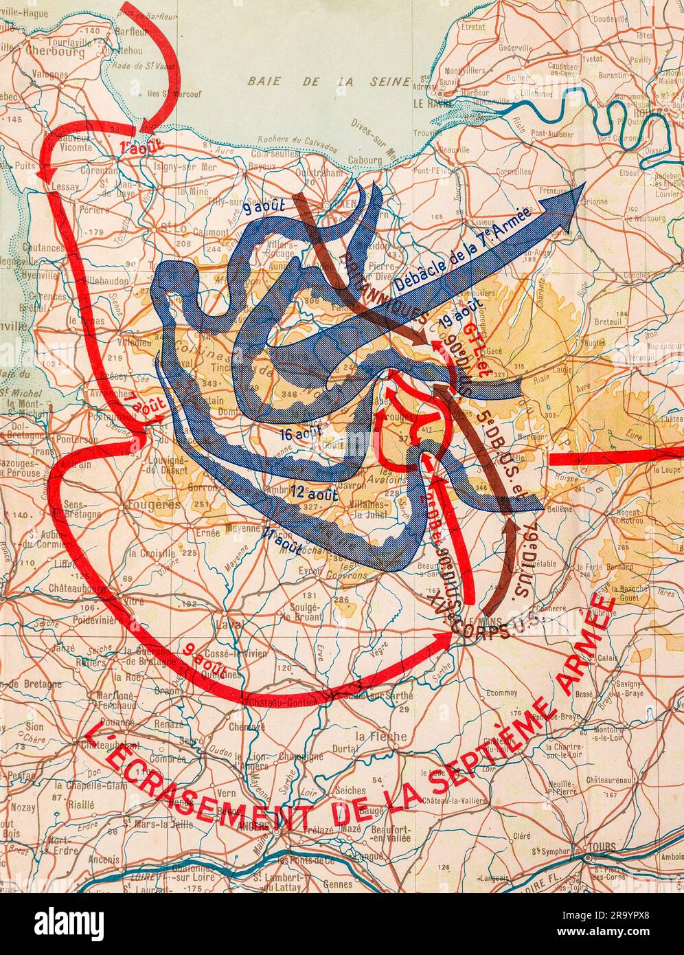 Illustrazione della mappa del libro della seconda guerra mondiale francese stampata nel 1946 che mostra i movimenti dell'esercito alleato e dell'asse sul territorio francese nel 1944. Foto Stock