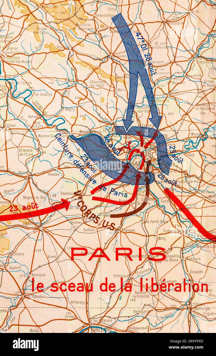 Illustrazione della mappa del libro della seconda guerra mondiale francese stampata nel 1946 che mostra i movimenti dell'esercito alleato e dell'asse sul territorio francese nel 1944. Foto Stock