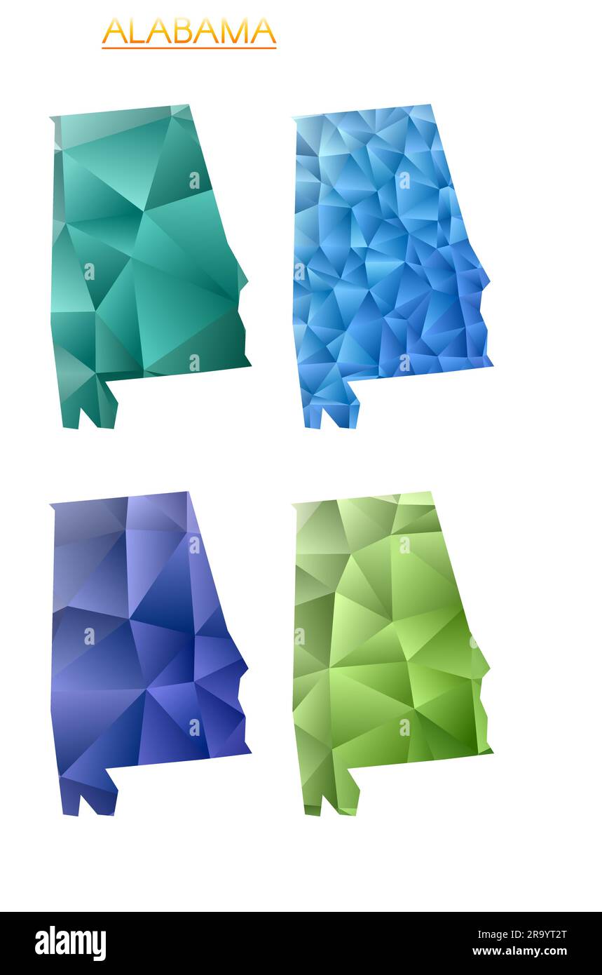 Serie di mappe poligonali vettoriali dell'Alabama. Mappa a gradiente luminoso dello stato degli Stati Uniti in stile poly basso. Illustrazione Vettoriale