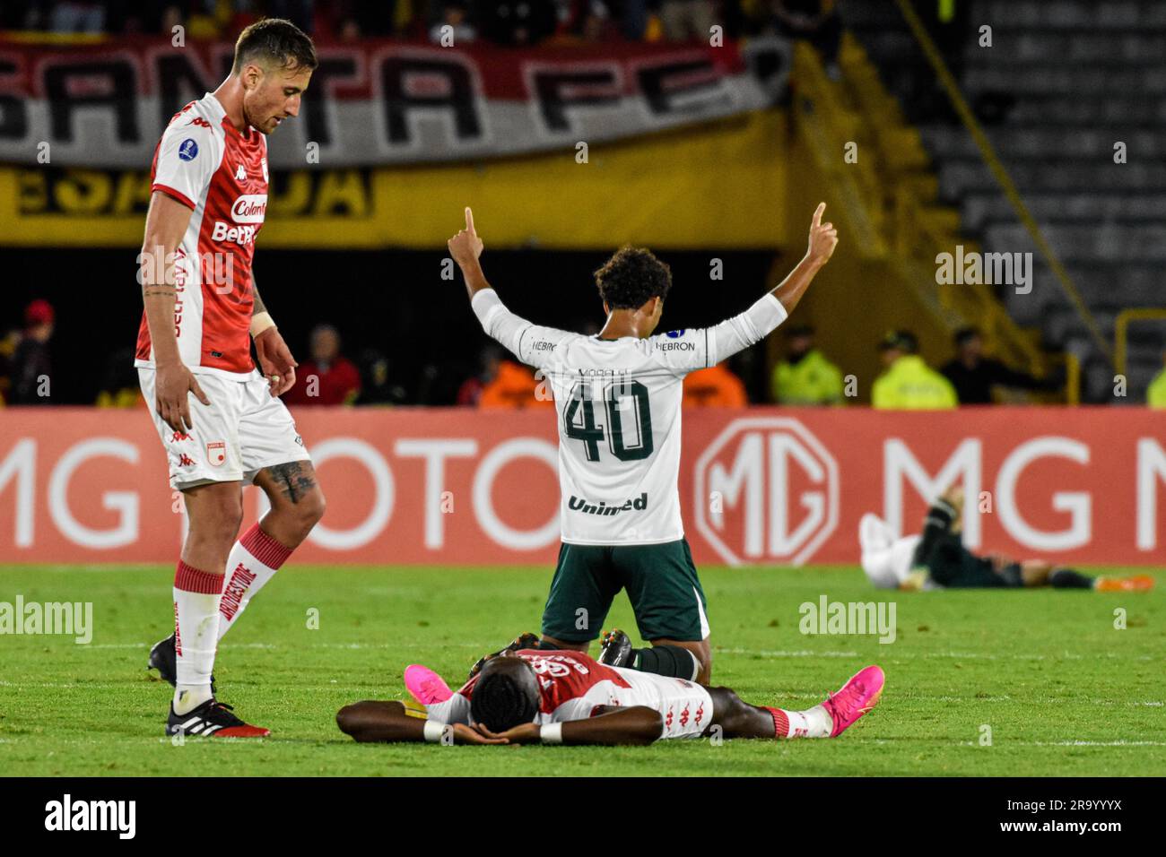 Bogotà, Colombia. 28 giugno 2023. Goias Everton Morelli festeggia durante la partita colombiana dell'Independiente Santa Fe (1) V. Goias (2) del Brasile per la classificazione al turno 16 della CONMEBOL Sudamericana 2023, al Nemesio Camacho el Campin a Bogotà, Colombia, il 28 giugno 2023. Foto di: Cristian Bayona/Long Visual Press Credit: Long Visual Press/Alamy Live News Foto Stock