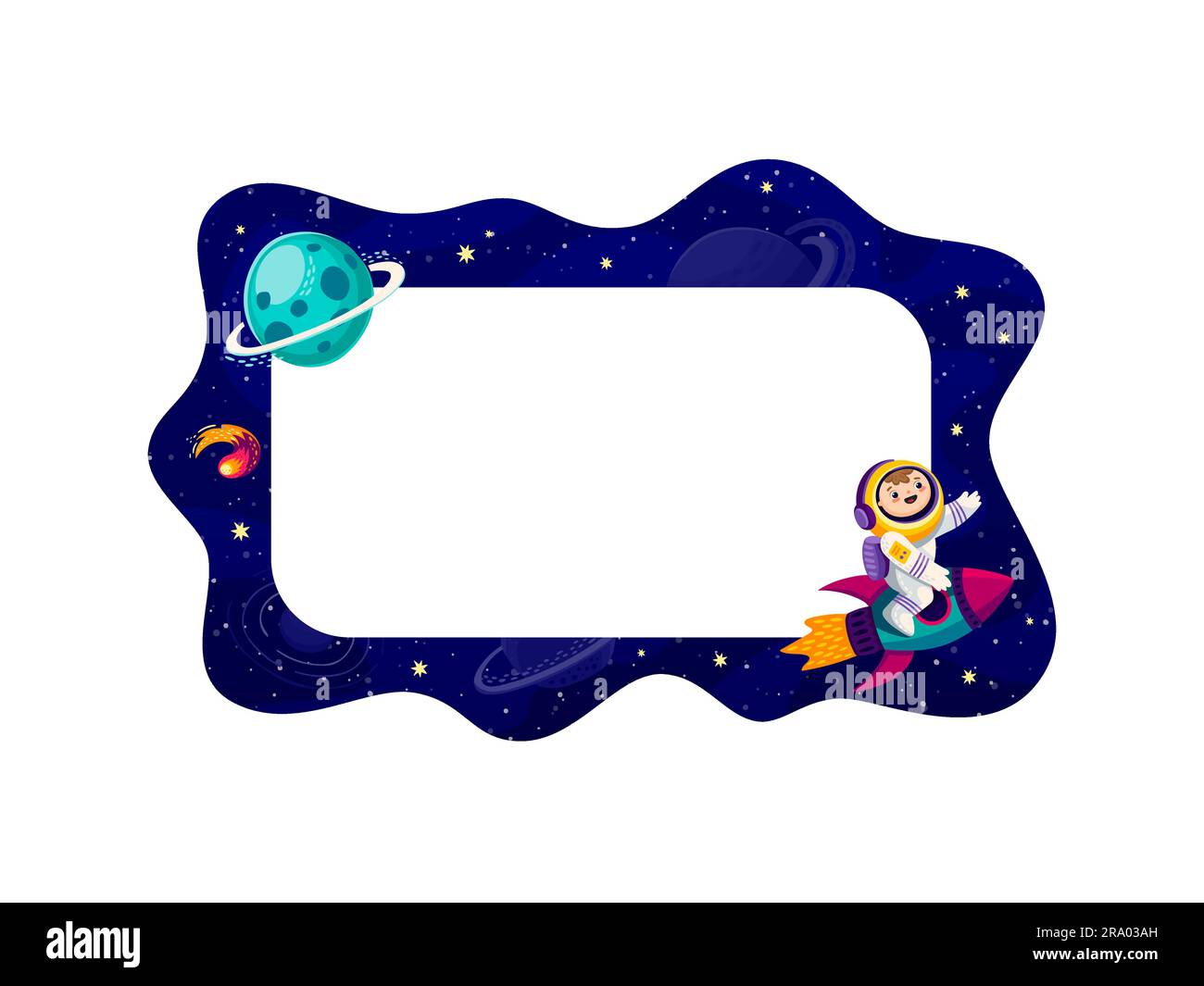 Cornice di confine con il paesaggio spaziale galattico e lo spaziatore aggiungono un tocco di meraviglia cosmica, unendo i regni dell'immaginazione e dell'esplorazione dell'universo. Carta vettoriale vuota con un simpatico astronauta a cavallo di un razzo Illustrazione Vettoriale