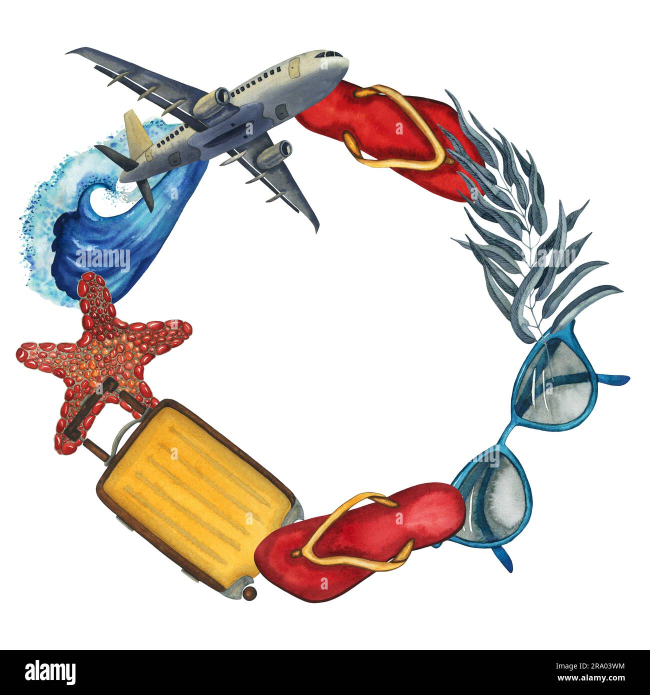 Viaggia con una corona di acquerelli con aereo, valigia, infradito, occhiali da sole, foglie di eucalipto tropicale, onda, stella marina disegnata a mano isolata su bianco Foto Stock