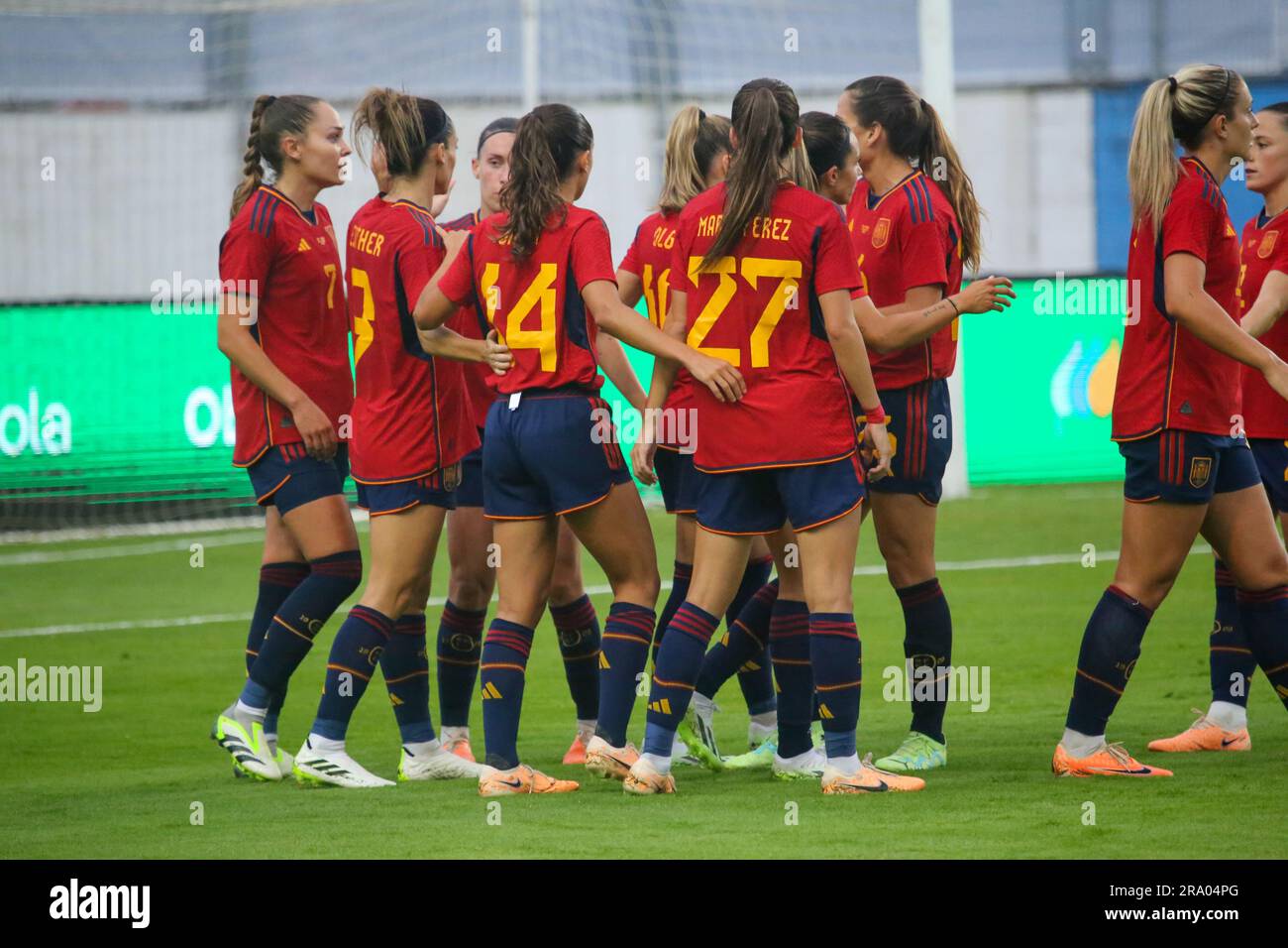 Aviles, Spagna, 30 giugno 2023: I giocatori spagnoli celebrano il terzo gol della partita durante l'amichevole tra Spagna e Panama il 30 giugno 2023, allo stadio Roman Suarez Puerta di Aviles, in Spagna. Alberto Brevers / Alamy Live News Foto Stock