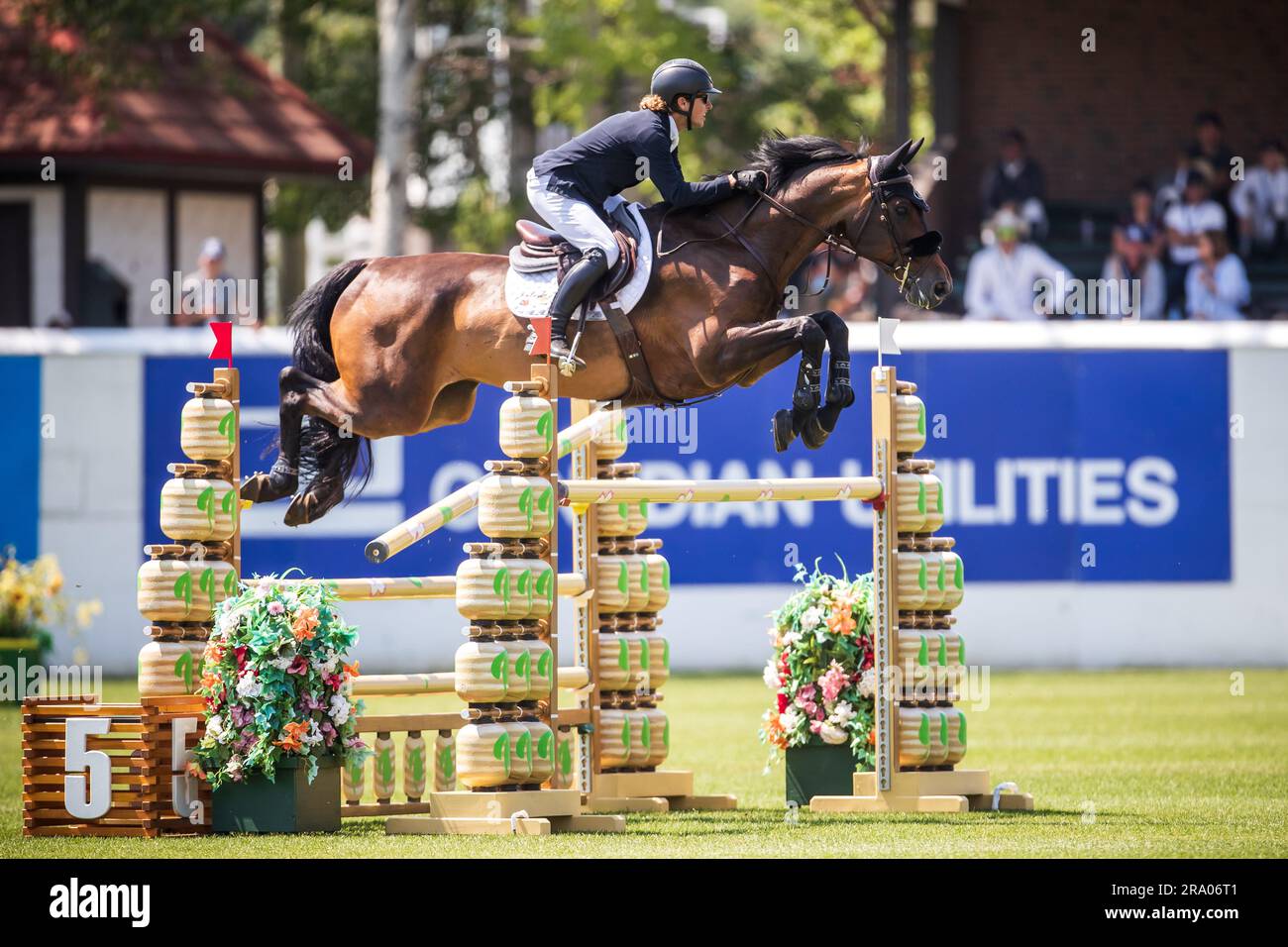 Shawn Casady degli Stati Uniti ha partecipato al Pan American Show a Spruce Meadows a Calgary, Alberta, Canada, il 28 giugno 2023. Foto Stock