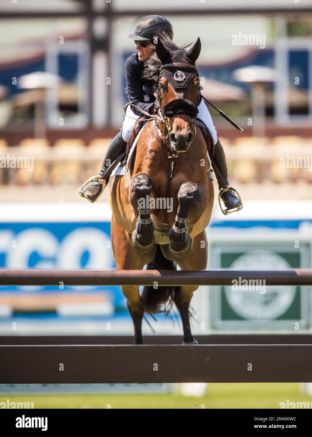 Shawn Casady degli Stati Uniti ha partecipato al Pan American Show a Spruce Meadows a Calgary, Alberta, Canada, il 28 giugno 2023. Foto Stock