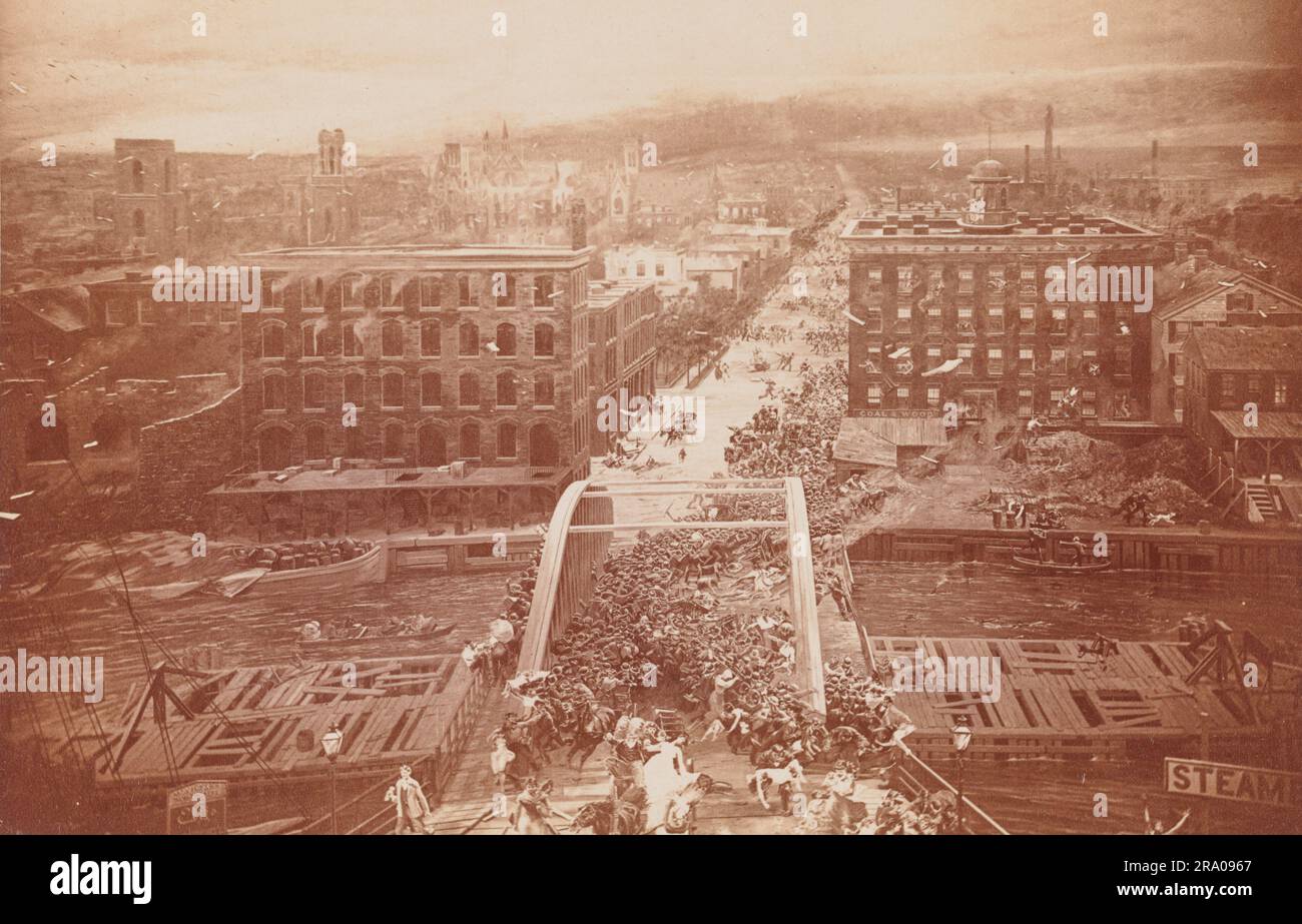 Il grande incendio di Chicago fu una conflagrazione che bruciò nella città americana di Chicago tra l'8 e il 10 ottobre 1871. L'incendio uccise circa 300 persone, distrusse circa 3,3 chilometri quadrati della città, comprese oltre 17.000 strutture, e lasciò più di 100.000 residenti senza tetto. L'incendio è iniziato in un quartiere a sud-ovest del centro della città. Un lungo periodo di condizioni calde, asciutte, ventose e la costruzione in legno prevalente in città, portò alla conflagrazione. L'incendio saltò il ramo sud del fiume Chicago e distrusse gran parte del centro di Chicago. Foto Stock