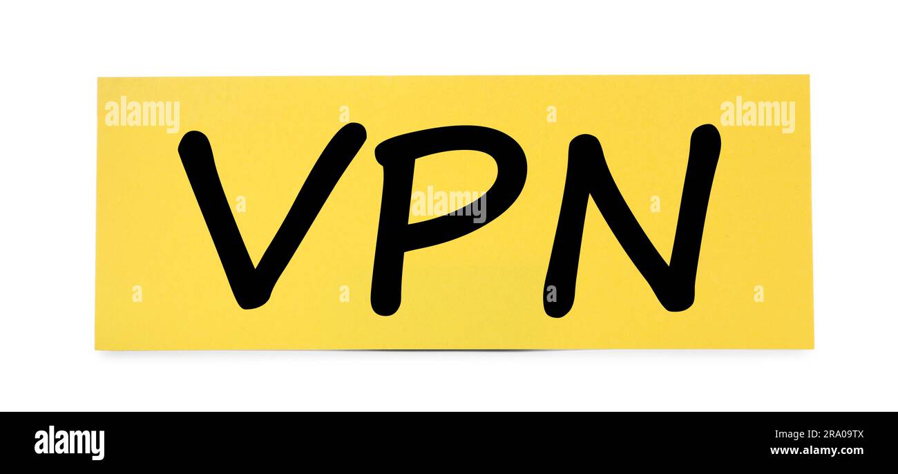 Nota cartacea con acronimo VPN (Virtual Private Network) isolato su bianco Foto Stock