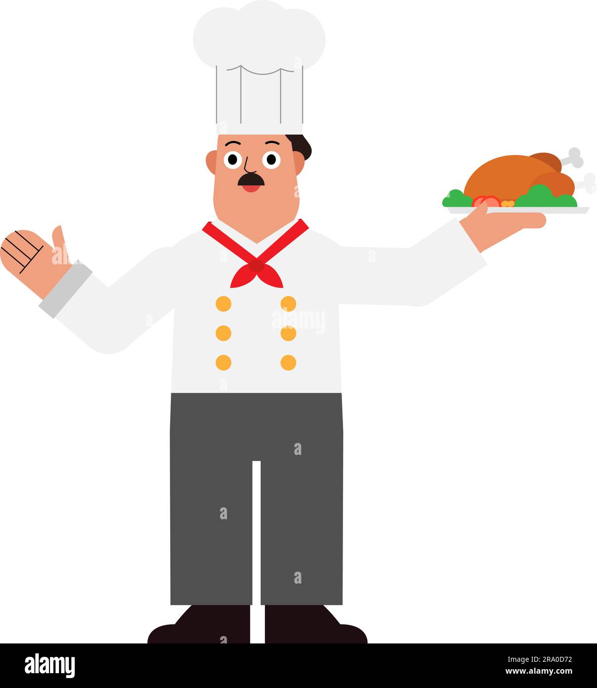 Chef con piatto di tacchino arrosto su sfondo isolato. Carino animato Chef, illustrazione vettoriale piatta Illustrazione Vettoriale