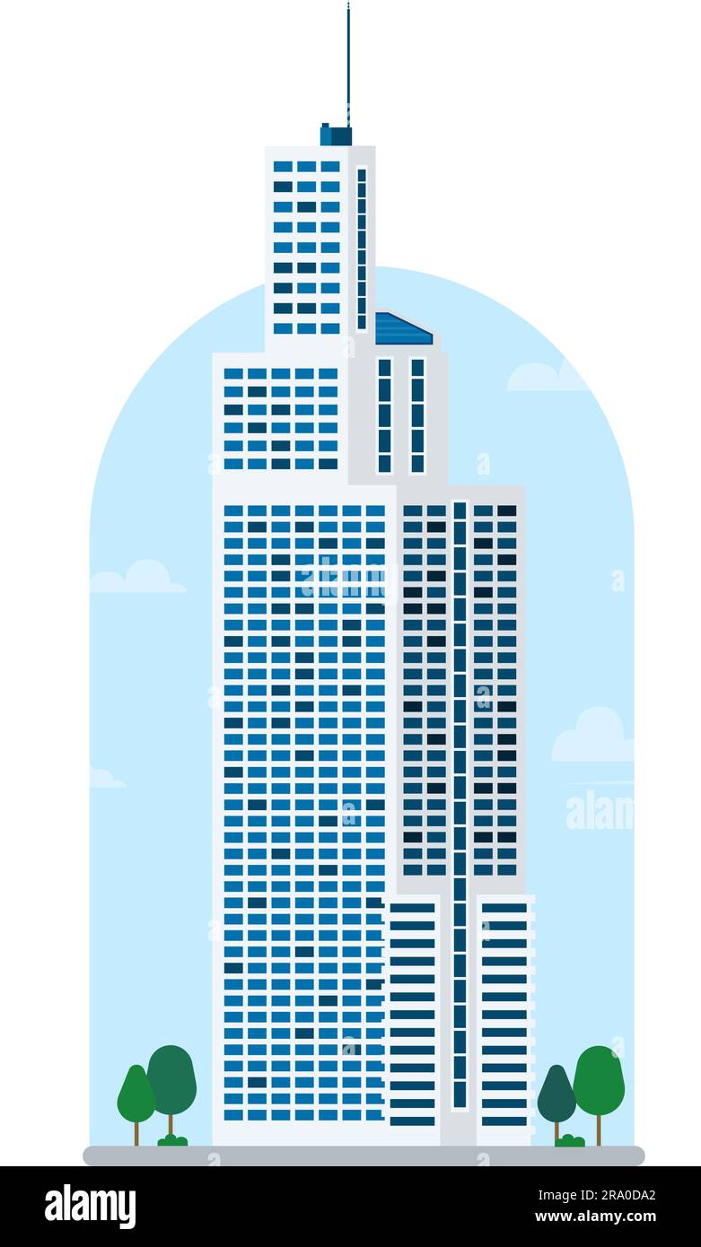 Edificio alto con illustrazione vettoriale dello sfondo del cielo. Torre moderna in citta'. Torre con design piatto di strada. Edificio per affari con scena urbana Illustrazione Vettoriale Edificio alto con illustrazione vettoriale dello sfondo del cielo. Torre moderna in citta'. Torre con design piatto di strada. Edificio per affari con scena urbana Illustrazione Vettoriale
