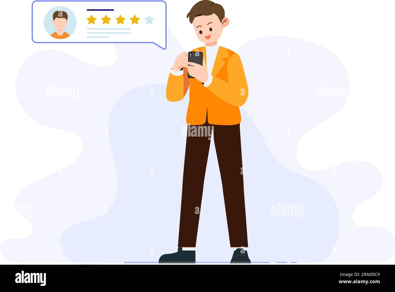 Uomo d'affari che preme uno smartphone con una valutazione di quattro stelle. I clienti soddisfatti di Young Man danno stelle di valutazione sugli smartphone. Illustrazione Vettoriale