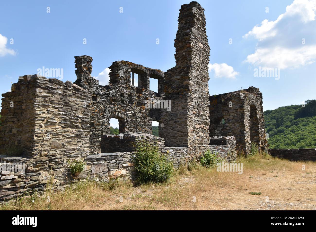 Dettagli del castello di Schmidtburg costruito in cima alla collina nel IX secolo nella valle di Hahnenbach vicino a Schneppenbach a Hunsrueck, Renania-Palatinato Foto Stock