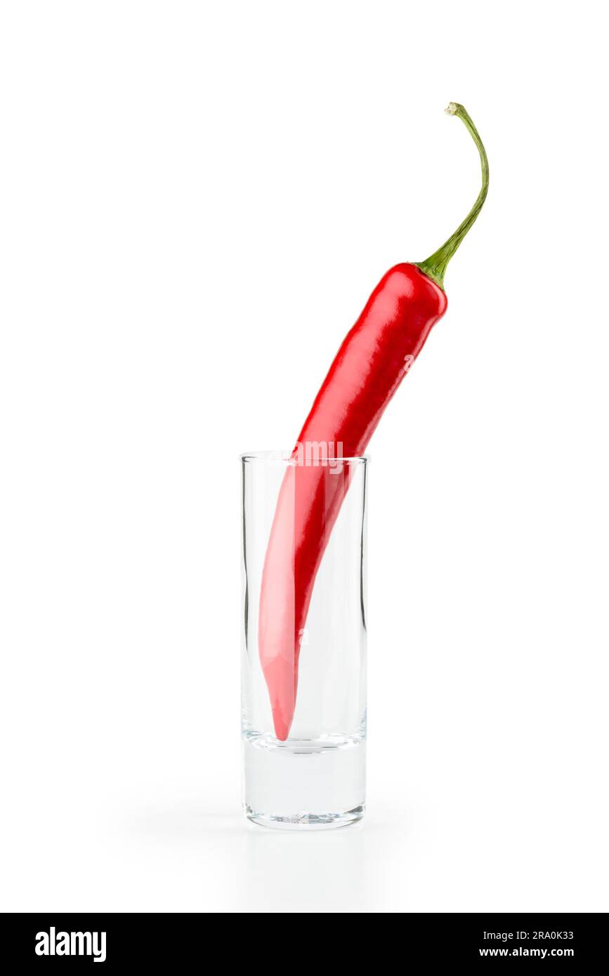 Un caldo rosso peperoncino in un bicchiere di vodka, isolato su sfondo bianco Foto Stock