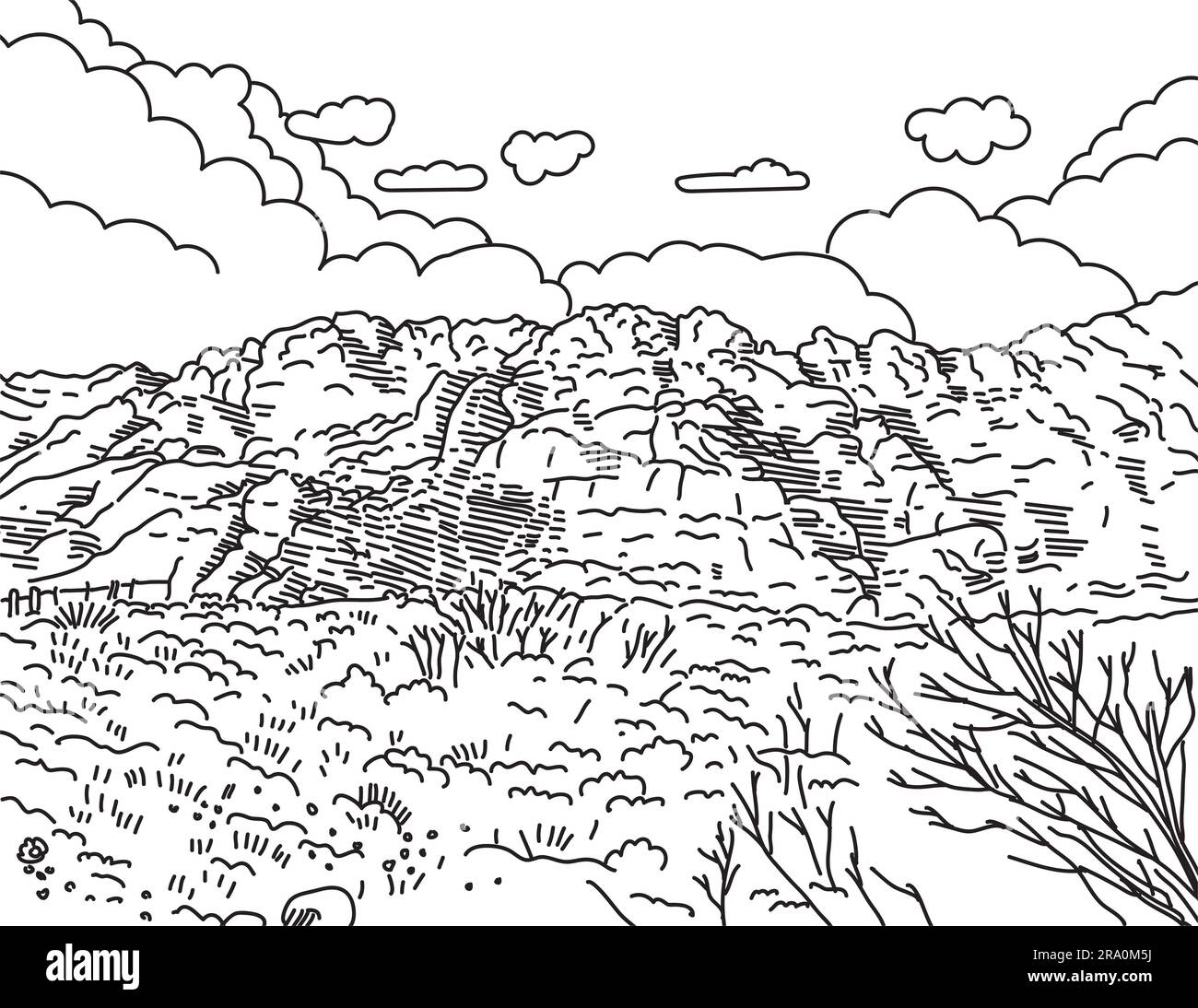 Illustrazione mono-line della Red Rock Canyon National Conservation area situata nella contea di Clark, Nevada, Stati Uniti, realizzata in arte monolina in blac Foto Stock