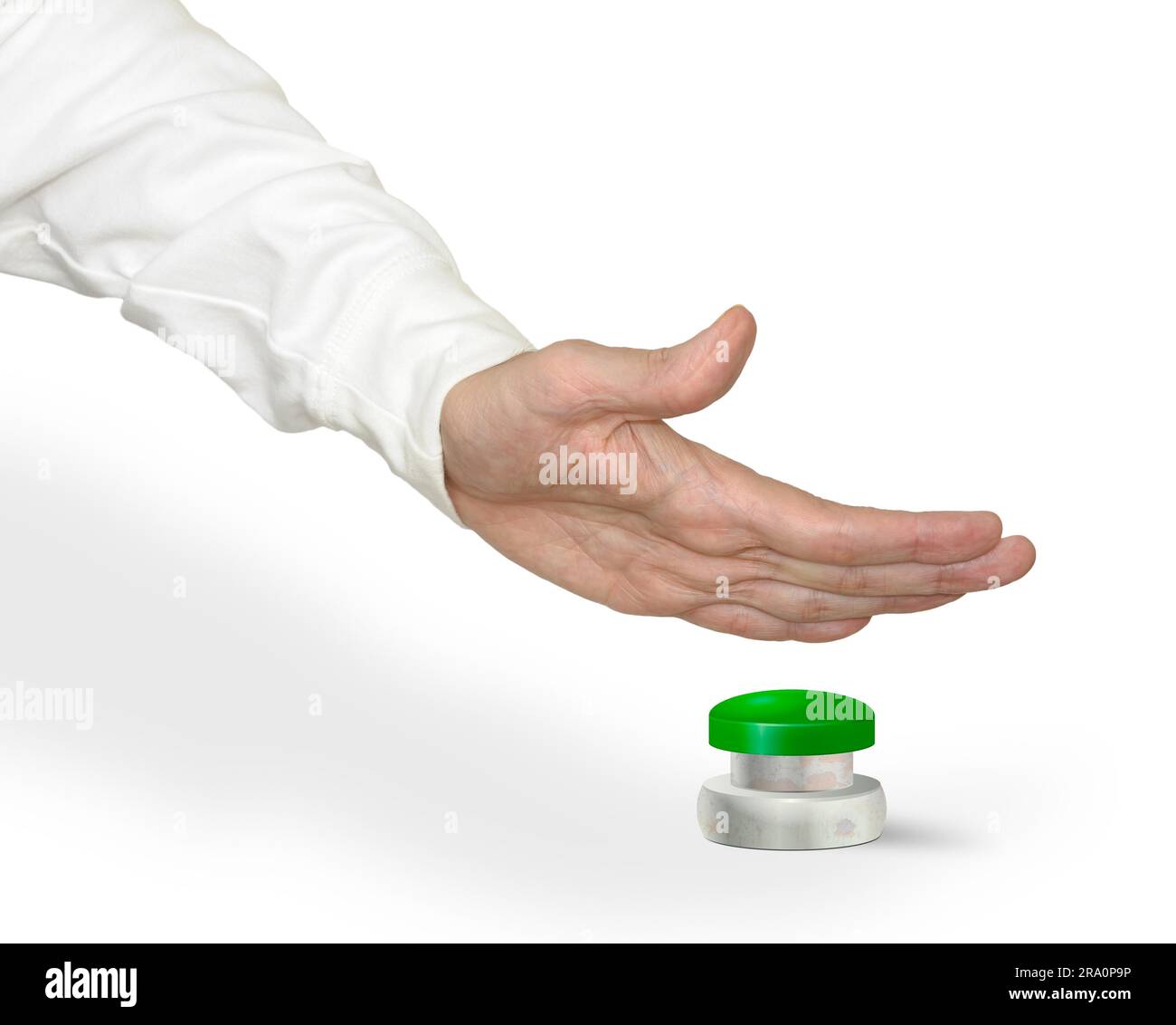 Un uomo che preme con il palmo della mano un grande pulsante verde di allarme START STOP Foto Stock