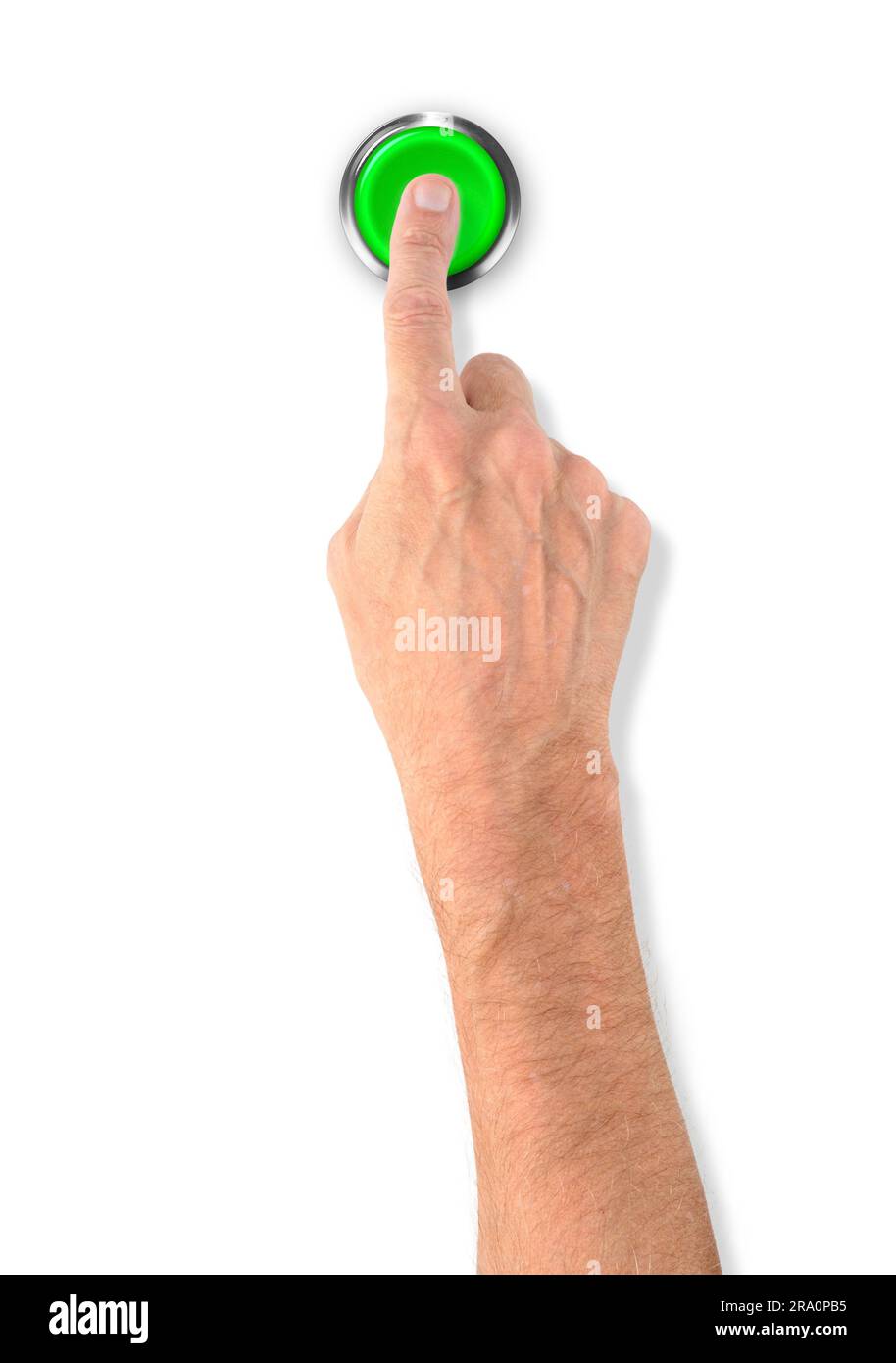 Un uomo spinge una grande verde start stop pulsante di allarme con il dito Foto Stock