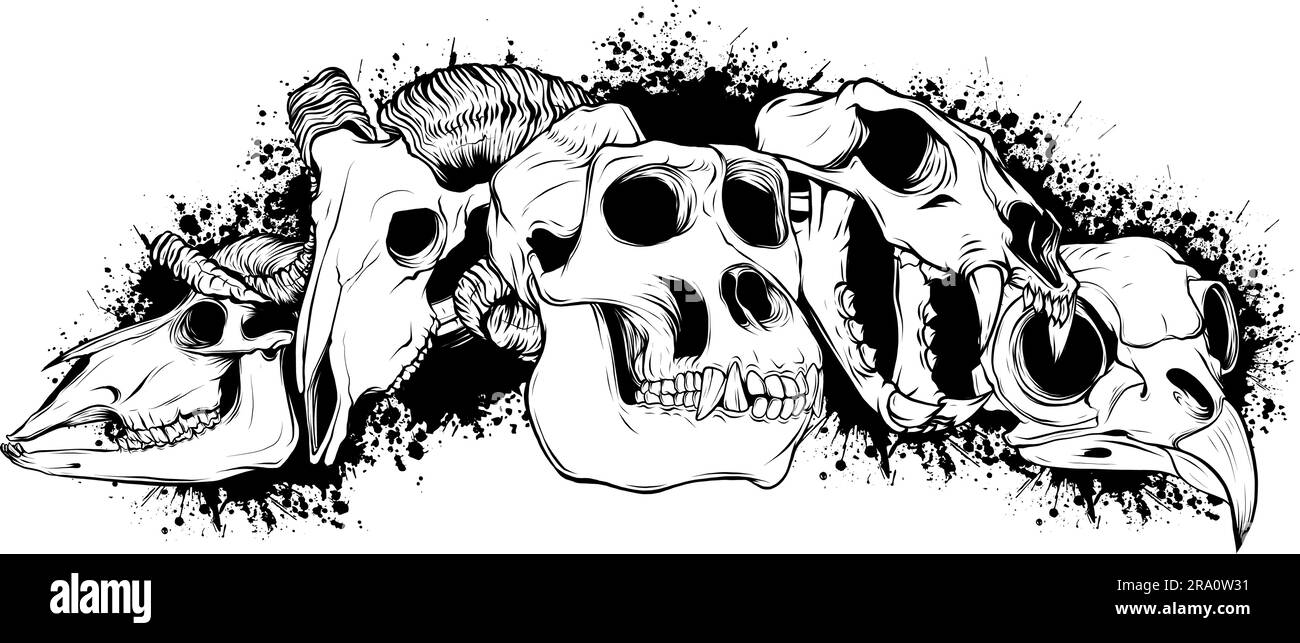 disegno del contorno dell'illustrazione vettoriale del gruppo cranio animale Illustrazione Vettoriale