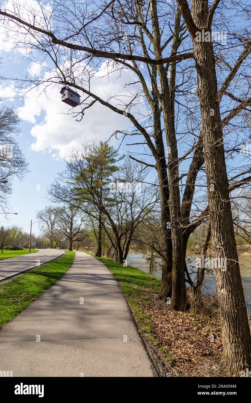 Una birdhouse pende da un albero sopra il corridoio del River Greenway Trail lungo il fiume Wabash a Bluffton, Indiana, Stati Uniti. Foto Stock