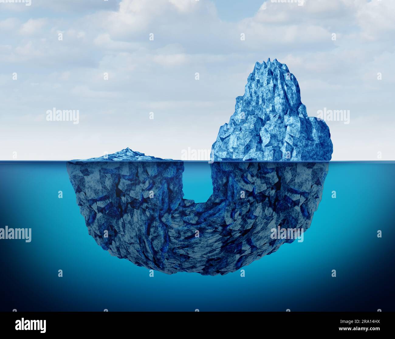 Concetto di rischio uguale come metafora del rischio aziendale per valutare i rischi in investimenti o i pericoli come pericoli fuorvianti come simbolo iceberg come illustrazione 3D. Foto Stock