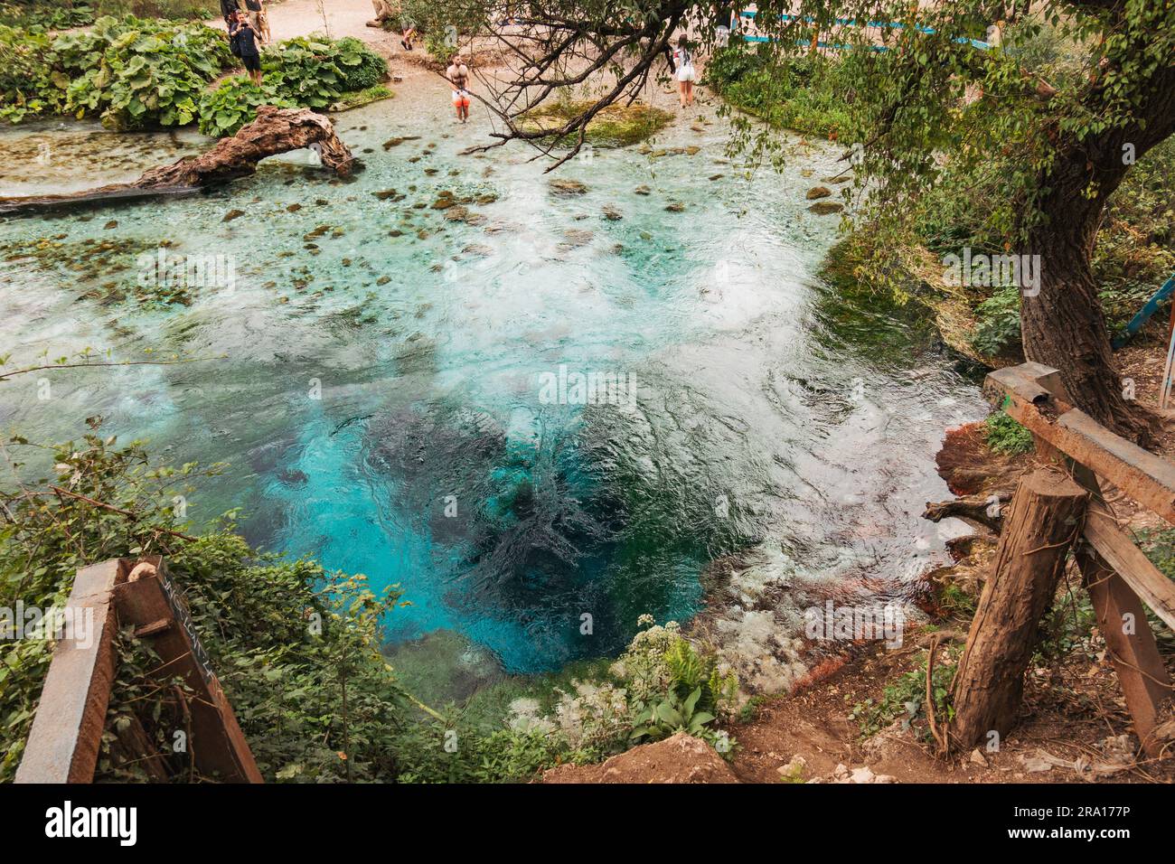 L'occhio blu (Syri i Kaltër), una sorgente d'acqua naturale e un pozzo per nuotare famoso per il suo colore blu profondo nel sud dell'Albania. Un popolare sito turistico Foto Stock
