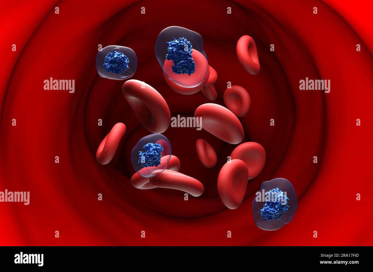 Aspirina molecola di acido acetilsalicilico (ASA) nel flusso sanguigno - vista in sezione illustrazione 3d. Foto Stock