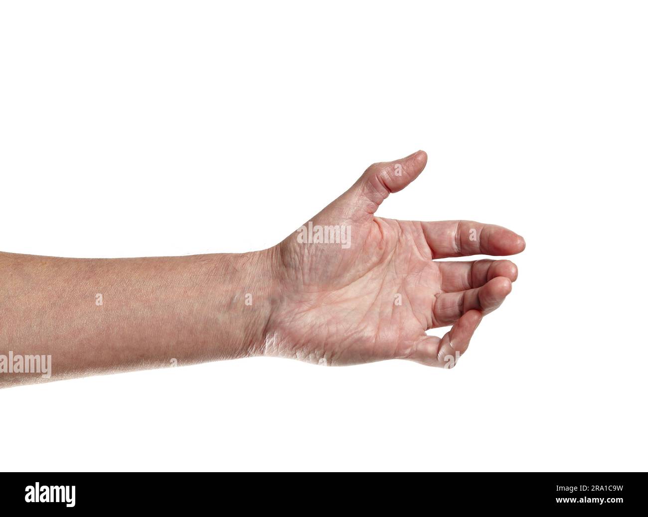 Mano di un uomo che tiene il telefono cellulare o altri gadget palmare, isolato su bianco. Mano da vicino che tiene qualcosa come una bottiglia o una lattina Foto Stock