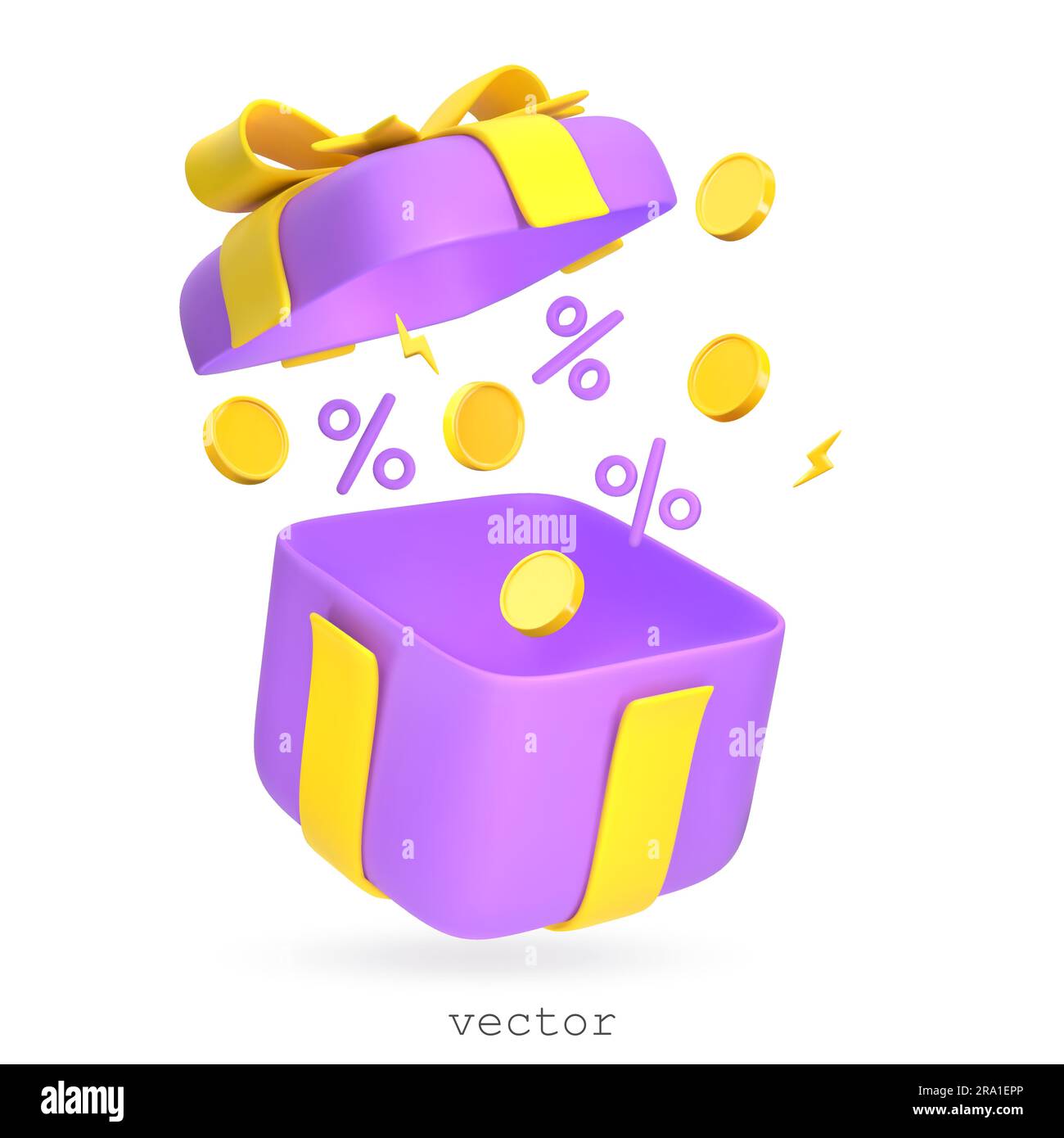 Confezione regalo aperta 3d con simboli percentuali volanti e monete gialle. Simbolo di sorpresa. Concetto di promozione, sconto, vendita, regalo. Stile cartone animato. Vettore 3 Illustrazione Vettoriale